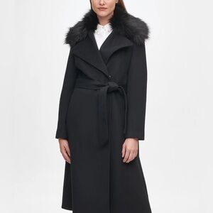 Karl Lagerfeld Paris wrap coat with removable fur collar